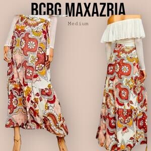 BCBG MaxAzria Dusty Rio Red Wrap Midi Paisley Multicolor Skirt Size Medium